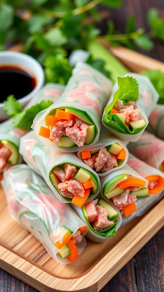 Fresh and Flavorful Tuna Spring Rolls Recipe Colorful tuna spring rolls filled with avocado, carrot, and cucumber on a wooden platter with soy sauce.